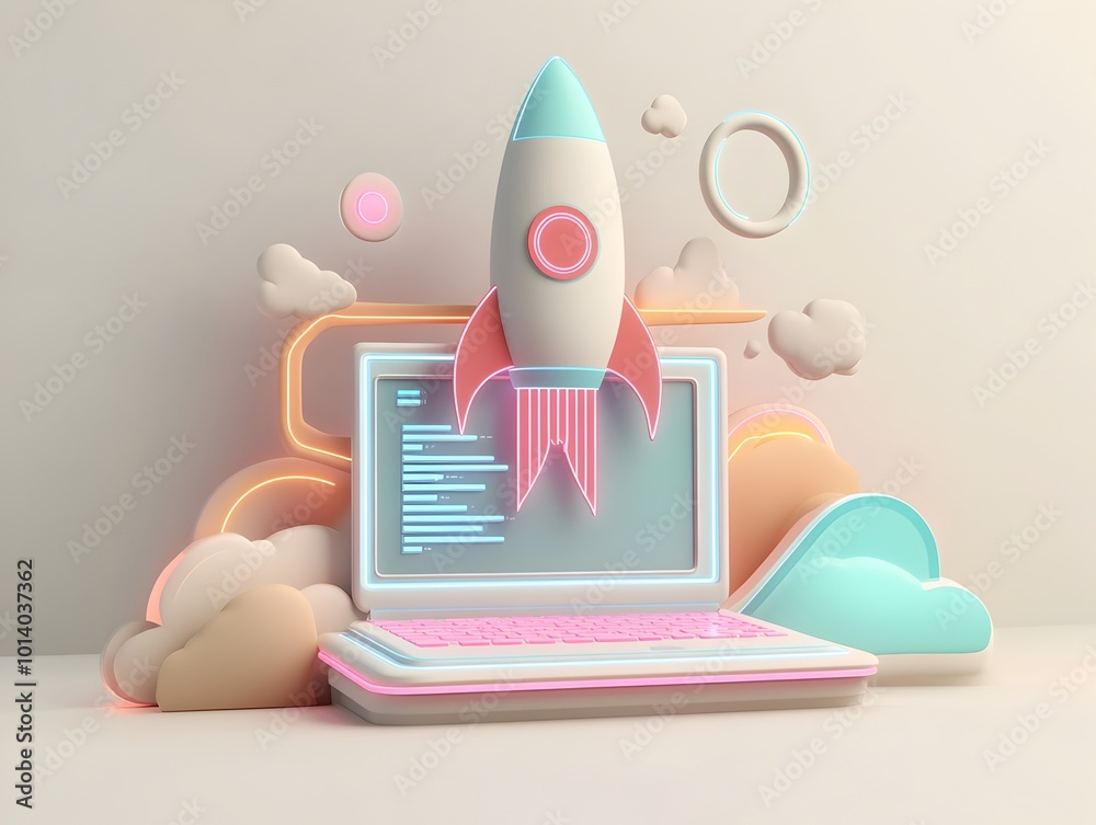 Poster conceptual 3d rendering of a startup s technological breakthrough featuring a laptop rocket icon tha