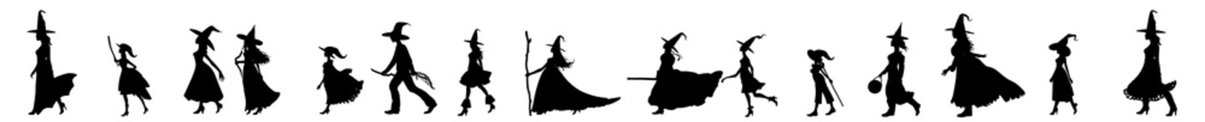 Obraz premium Cartoon Witch Silhouettes in a Line - Banner