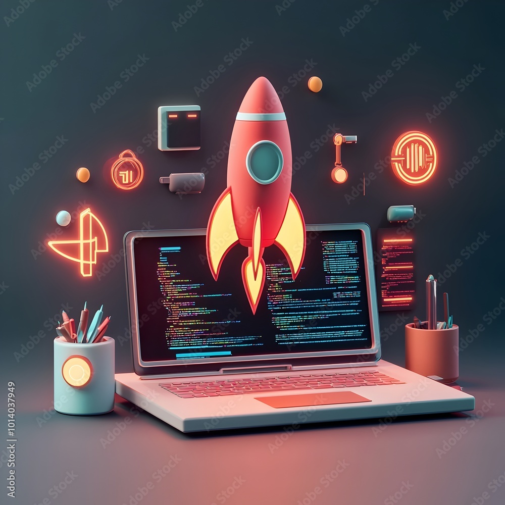 Poster a conceptual 3d depiction showcasing the vibrant forward thinking workspace of a visionary startup f