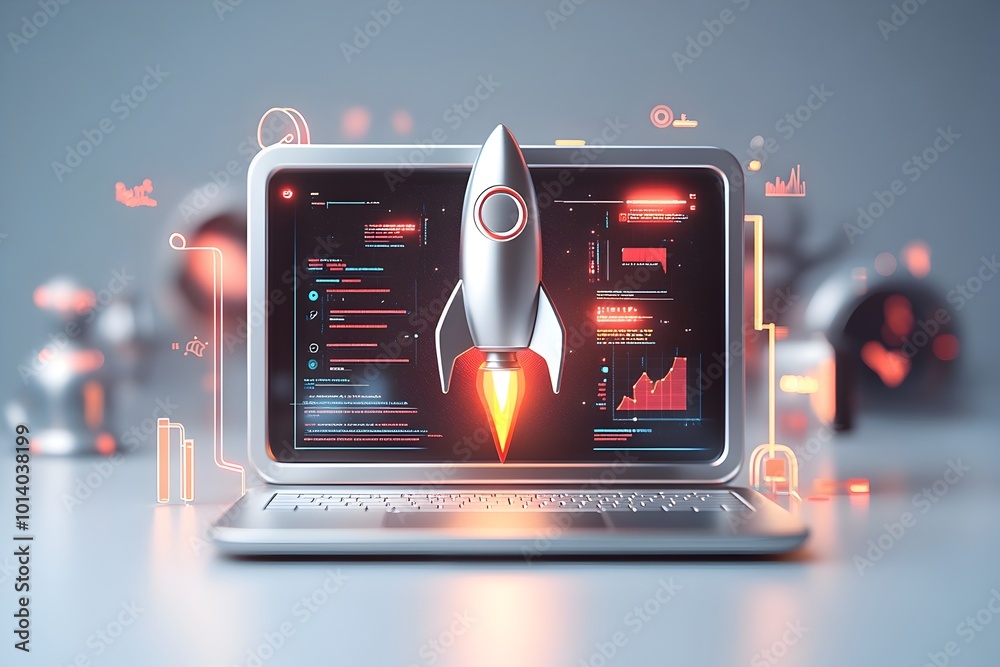 Poster streamlined futuristic 3d laptop and rocket icon showcase innovative tech workflow with luminous lin
