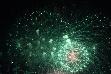 Fototapeta premium Fireworks on the dark sky background at festival.