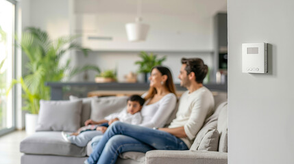 A family sitting on a couch in a living room