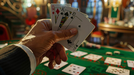 A person holding a deck of cards in their hand at a casino table