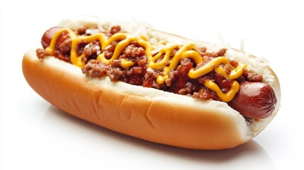Realistic chili dog on a white background with mustard and chili sauce topping. Ideal for food product marketing and fast-food visual designs. Generative AI