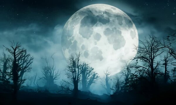 Large moon is in the sky above a forest. The moon is surrounded by a dark sky and the trees are silhouetted against the sky. Scene is eerie and mysterious. hyperrealistic Video