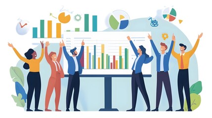 Sales team celebrating their achievements, with key performance indicators (KPIs) like sales revenue and conversion rates displayed in the background