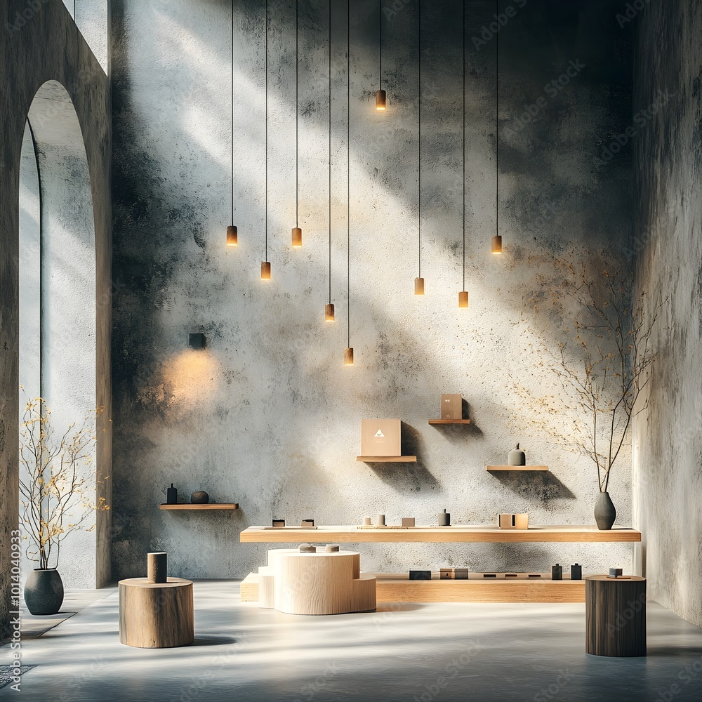 Poster Minimalist 3D studio space with rough concrete walls and floors empty interior with product display stand warm directional light from window casting subtle shadows