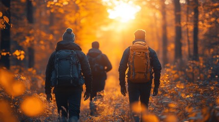 Friends enjoying a leisurely walk through a vibrant autumn forest during sunset