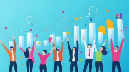 Sales team celebrating their achievements, with key performance indicators (KPIs) like sales revenue and conversion rates displayed in the background