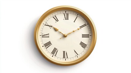 Golden wall clock with Roman numerals on a white background isolated close-up Generative AI