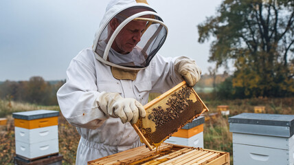 male beekeeper in protective bee suit against grey autumn sky working with hive frame during honey harvesting at apiary farm, copy space - Powered by Adobe