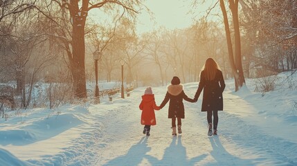 Family walks in park.