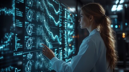 Scientist analyzing holographic DNA representations in a futuristic laboratory environment