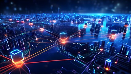 Obraz premium Show a network of interconnected AI systems, each represented by glowing nodes in a futuristic digital landscape.