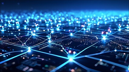 Obraz premium Show a network of interconnected AI systems, each represented by glowing nodes in a futuristic digital landscape.
