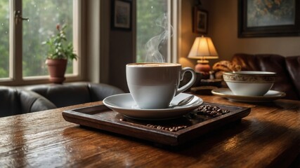 Obraz premium The inviting atmosphere of this living room corner is beautifully complemented by a rich coffee cup