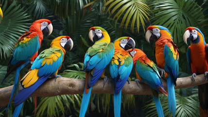 Obraz premium Enchanting rainforest canopy alive with the vibrant colors of exotic parrots, their playful antics and raucous calls filling the air with energy and vitality, a spectacle of nature's wonder, Generativ