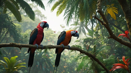 Lush paradise filled with parrots, their melodious calls echoing through the jungle canopy, while exotic hornbills glide gracefully overhead, a symphony of nature's beauty, Generative AI