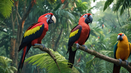 Obraz premium Enchanting rainforest canopy alive with the vibrant colors of exotic parrots, their playful antics and raucous calls filling the air with energy and vitality, a spectacle of nature's wonder, Generativ