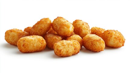Crispy golden tater tots isolated on white background perfectly cooked crunchy texture delicious side dish or snack realistic photo for food blogs menus or product packaging. Generative AI