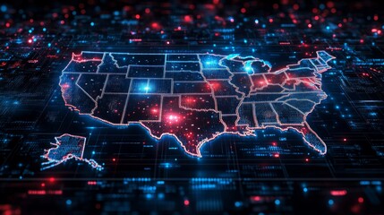 A digital tablet shows a vibrant, colorful map of the United States