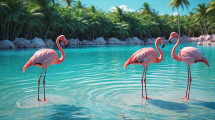 Tropical paradise teeming with flamingos wading gracefully in shimmering lagoons, their pink plumage a striking contrast against the azure waters, a scene of serene beauty, Generative AI