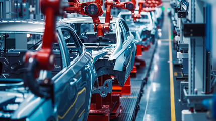 Fototapeta premium Robots working on a car in a factory