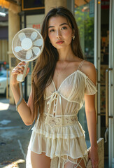 Naklejka premium A woman holding a fan in her hand while standing on a sidewalk