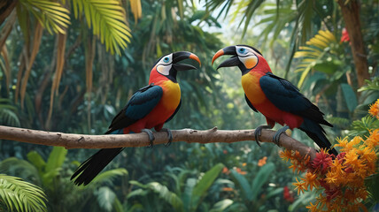 Obraz premium Remote jungle oasis echoing with the calls of exotic hornbills and the chatter of colorful parakeets, a hidden gem teeming with biodiversity and natural splendor, Generative AI
