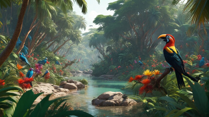 Fototapeta premium Remote jungle oasis echoing with the calls of exotic hornbills and the chatter of colorful parakeets, a hidden gem teeming with biodiversity and natural splendor, Generative AI