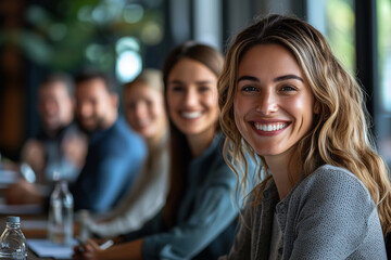 Fototapeta premium Smiling Woman in a Business Meeting: Teamwork and Collaboration