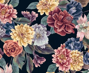 Elegant floral pattern with colorful blooms and leaves on a dark background, textile design concept