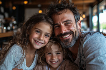 Fototapeta premium Happy Family Portrait: Father and Daughters Smiling Together