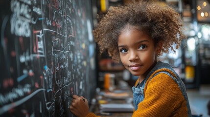 Young Student Engaged in Solving Mathematical Equations on a Chalkboard Inside a Bright Classroom During Daytime