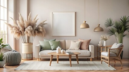Stylish Minimalist Boho Living Room Interior Mockup in Soft Pastel Colors with 3D Render
