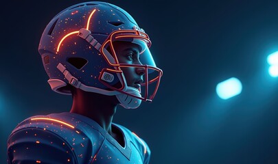 Dynamic close-up of a football player in a futuristic helmet, illuminated by dramatic lighting, perfect for sports, technology, and gaming themes.