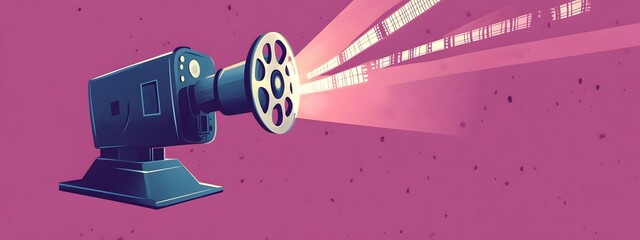 A simple vector graphic of an old movie projector with film strips coming out and being projected on the wall