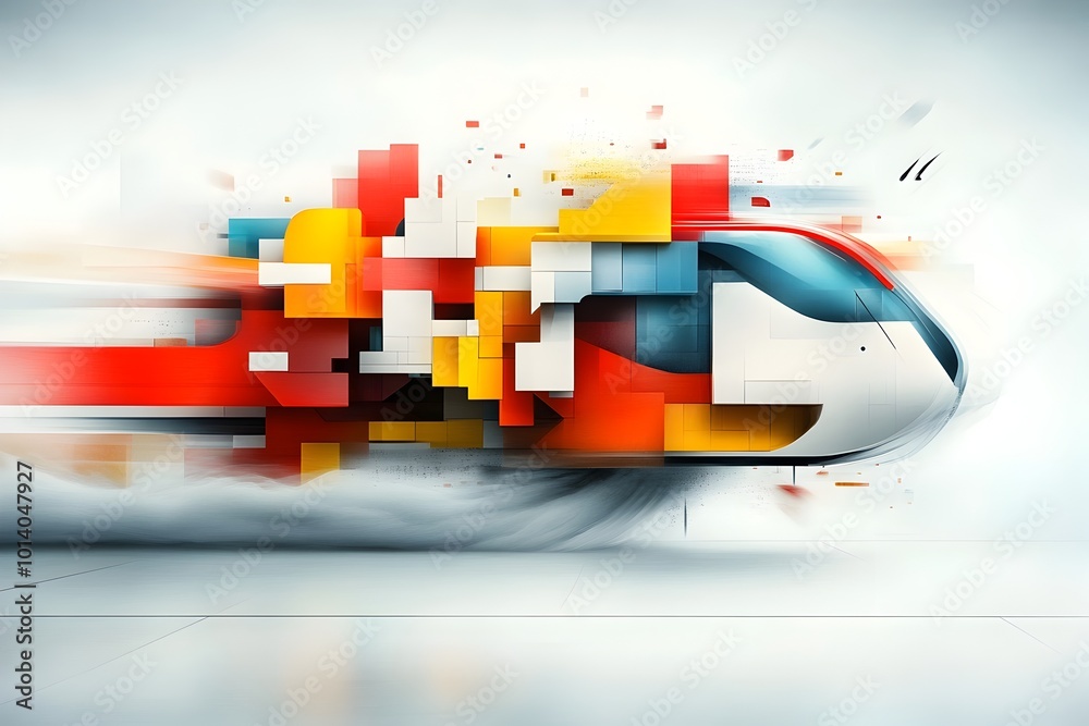 Poster surrealist cubist inspired interpretation of an advanced multi modal transportation system featuring