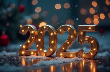 Happy New Year 2025 background, illustration for holiday design with lights and fireworks