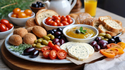 Morning delight of Turkish breakfast, a colorful spread of olives, cheeses, and simit, Generative AI