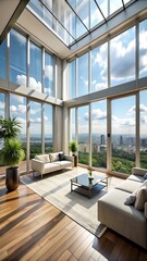 Stunning Luxury Modern Penthouse Interior Featuring Panoramic Windows in 3D Render