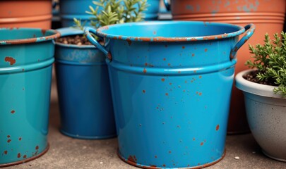 Fototapeta premium Vibrant blue metal buckets with a rustic finish, surrounded by potted plants, perfect for gardening, home decor, or DIY projects.