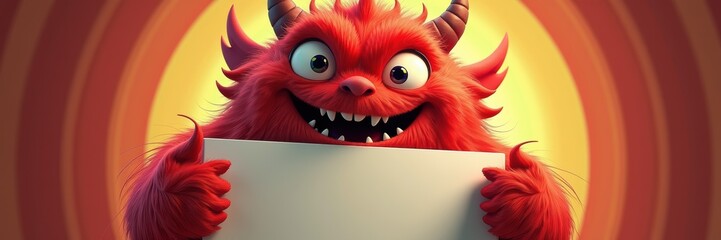 Obraz premium A playful, animated red monster with a big smile, holding a blank sign. Ideal for children's content, advertising, and creative projects.
