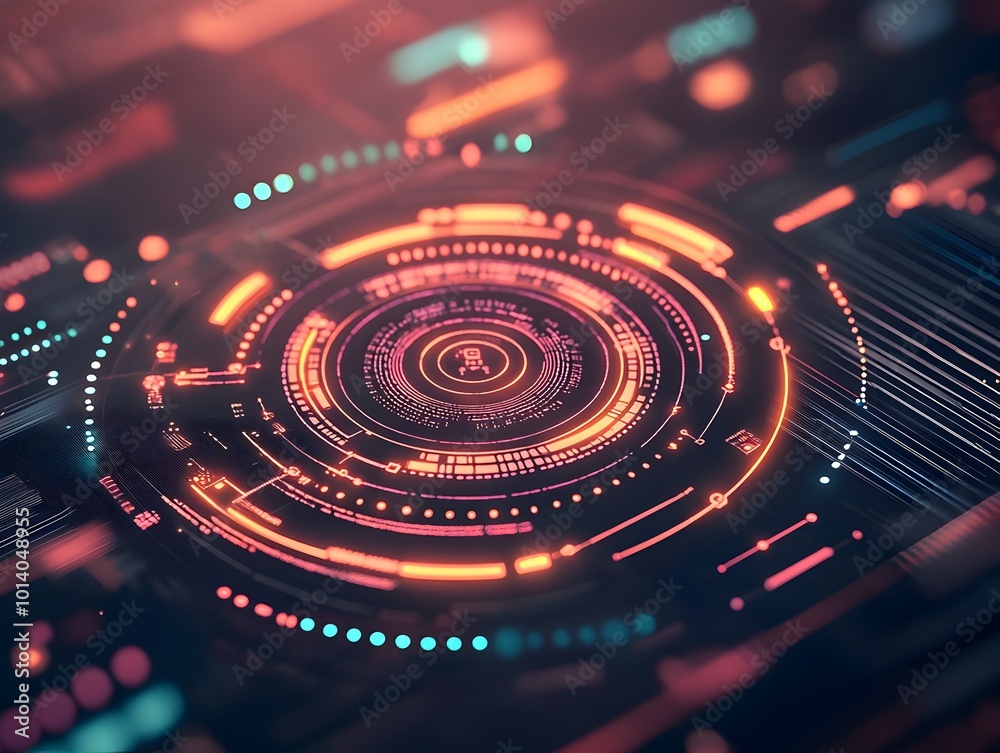 Poster surreal digital world with interlacing tech symbols and cascading code immersive hud like interface 