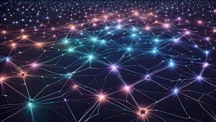 Naklejka premium Show a network of interconnected AI systems, each represented by glowing nodes in a futuristic digital landscape.
