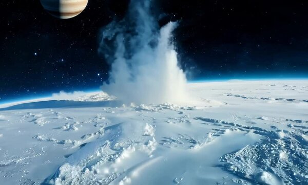 Bright, icy surface of Enceladus with geysers shooting into space. Video