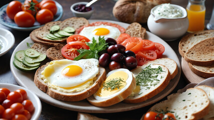 Turkish breakfast bounty, rich in textures with eggs, fresh vegetables, and hearty breads, Generative AI