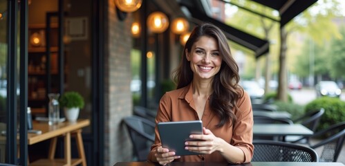 A smiling woman using a tablet at a cafe, showcasing a blend of technology and leisure in a vibrant outdoor setting.