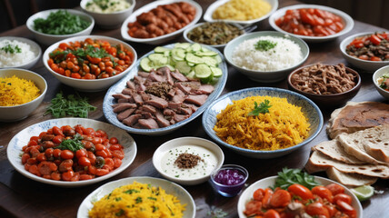 Obraz premium Aromatic Turkish lunch with marinated meats, seasoned rice, and colorful salads, Generative AI