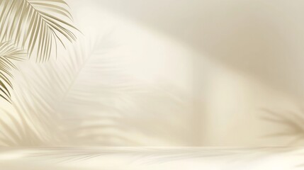 Obraz premium Elegant minimalist background with light beige tones, subtle shadows, and a blurred palm leaf silhouette in the upper left corner, set against a white wall.